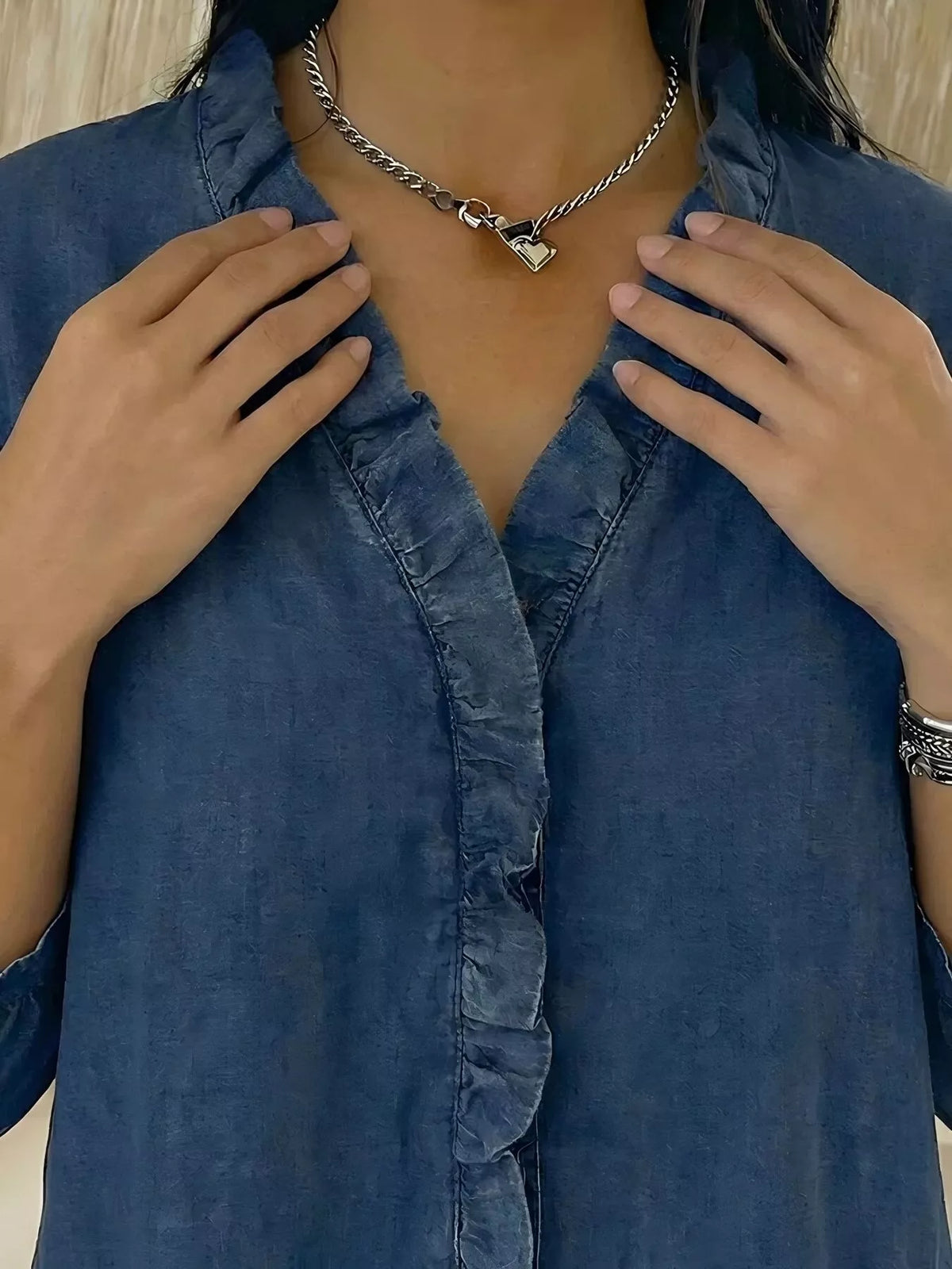Full Size V-neck Ruffled Button Down Shirt Plus (2)