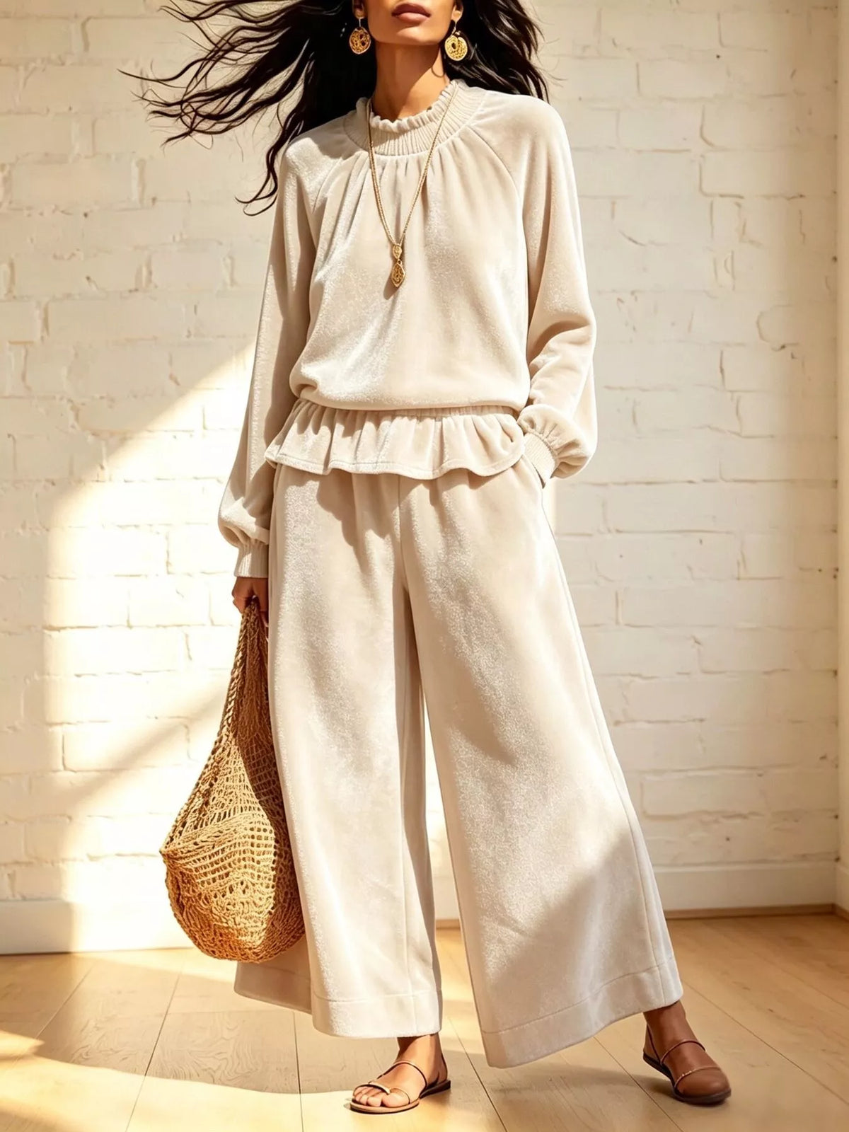 Velvet Peplum Top Wide-leg Pants Set