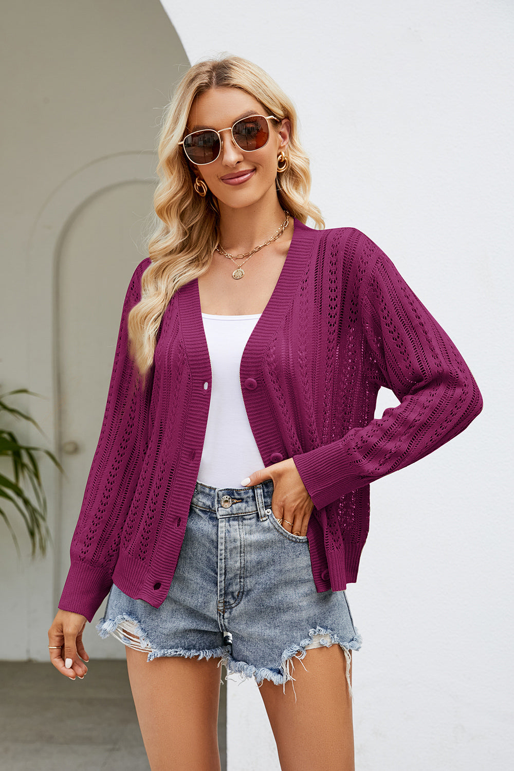 Openwork Button Front V-neck Cardigan