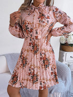 Pleated Printed Tie Neck Long Sleeve Dress (3)