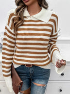 Striped Collared Neck Long Sleeve Sweater (3)