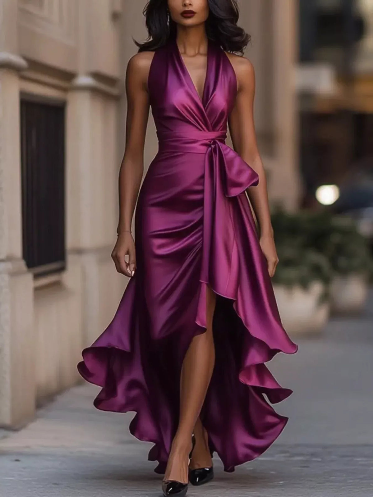 Full Size High-low Ruffled Satin Maxi Dress Plus (12)