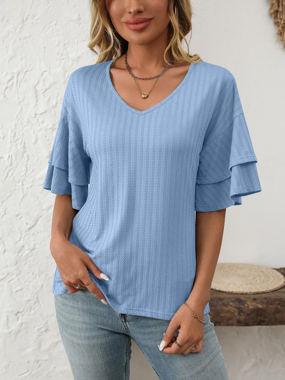 V-neck Ruffle Half Sleeve Top (7)