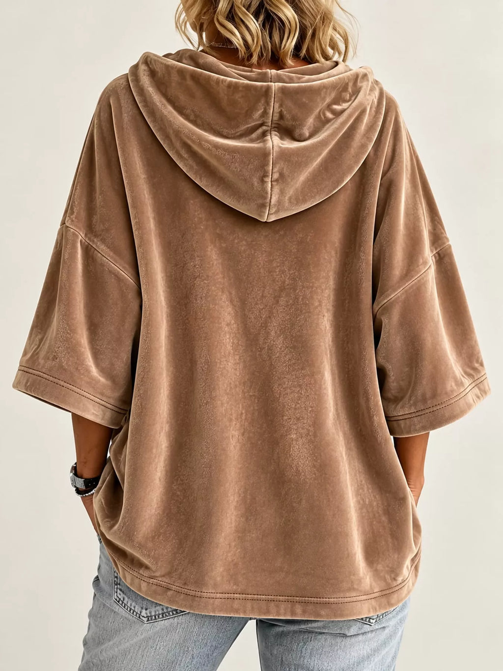 Full Size Velvet Half Sleeve Hoodie Drawstring Plus (22)