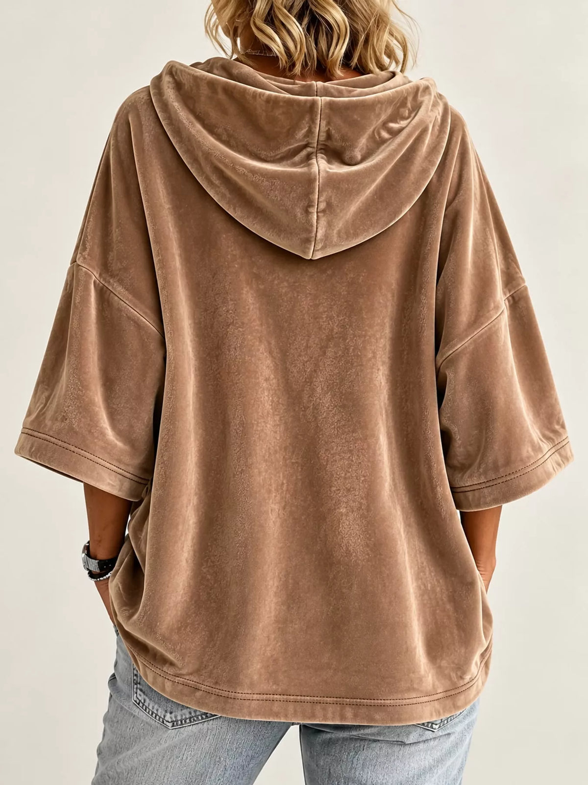 Full Size Velvet Half Sleeve Hoodie Drawstring Plus (22)