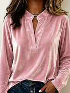 Full Size Velvet Notched Long Sleeve Top Plus