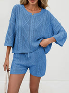 Cable Knit Round Neck Top Shorts Sweater Set (10)