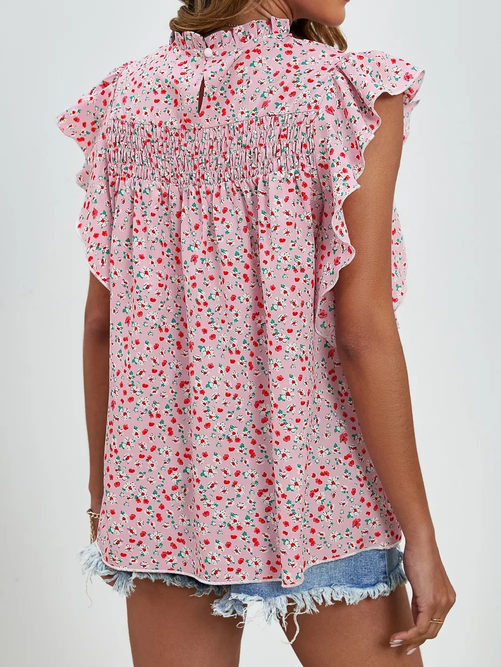Ruffled Ditsy Floral Mock Neck Cap Sleeve Blouse (8)