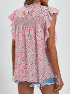 Ruffled Ditsy Floral Mock Neck Cap Sleeve Blouse (8)