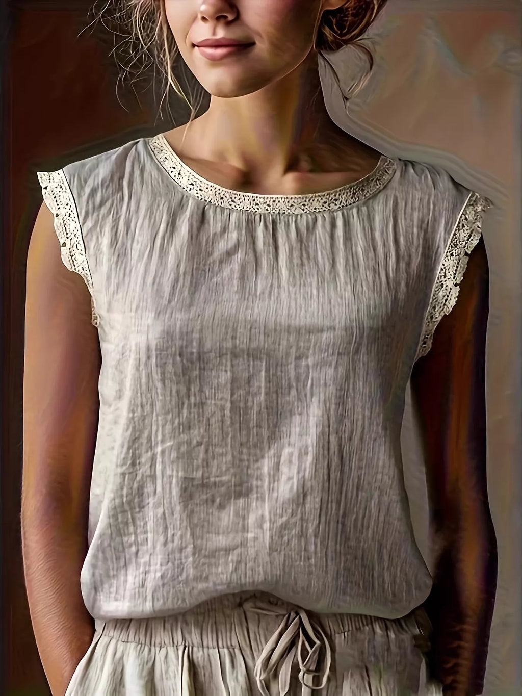 Lace Trim Round Neck Sleeveless Blouse