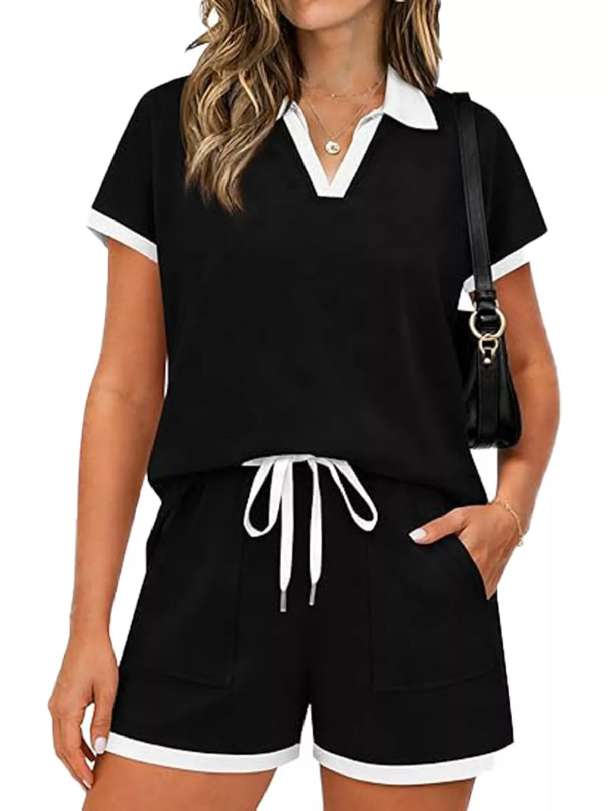 Polo Collar Short Sleeve Top Shorts Set (13)