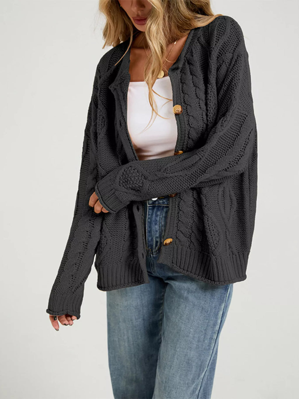 Cable-knit Button-down Cardigan (6)