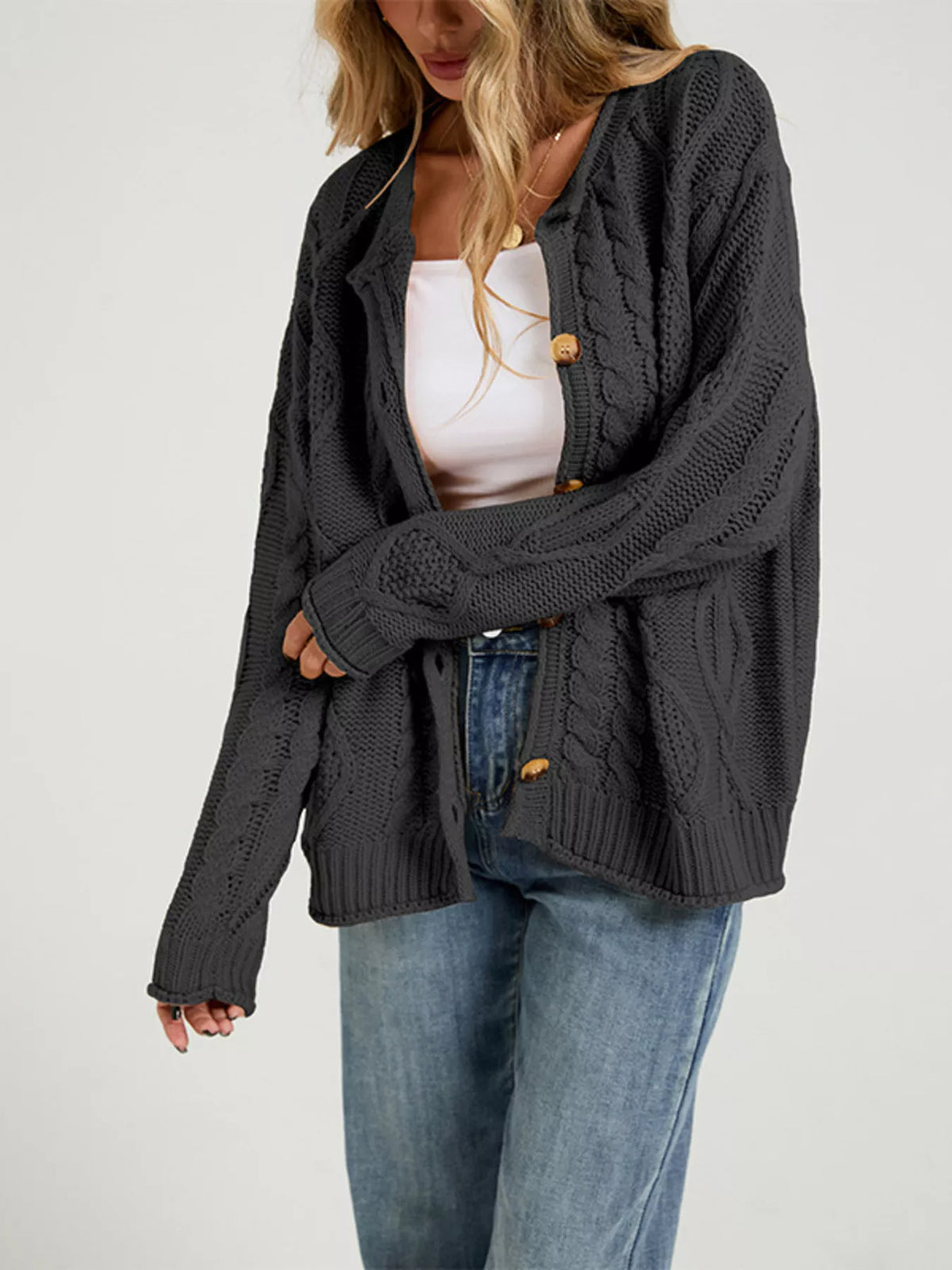 Cable-knit Button-down Cardigan (6)