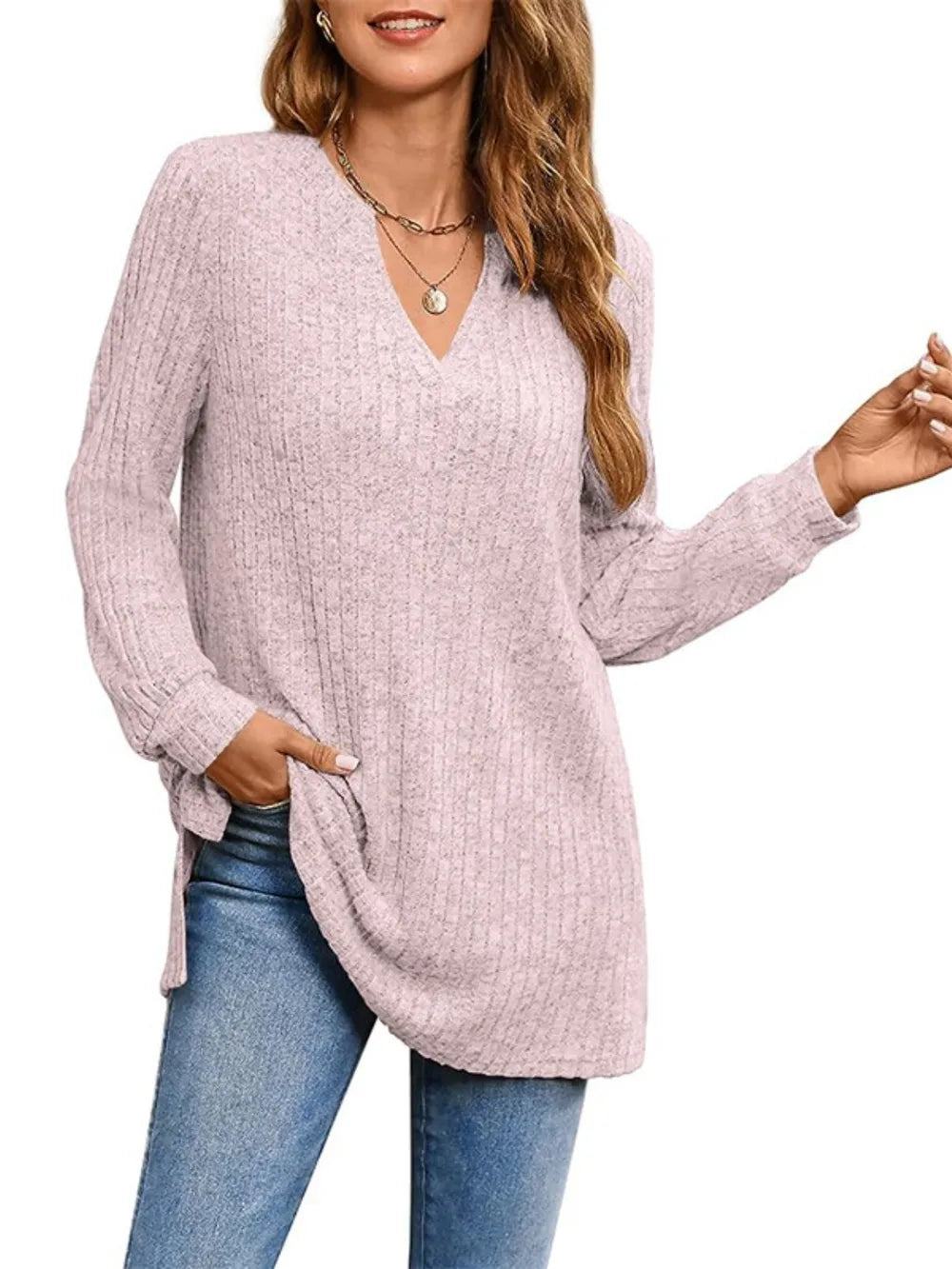 Ribbed Notched Long Sleeve T-shirt (15)