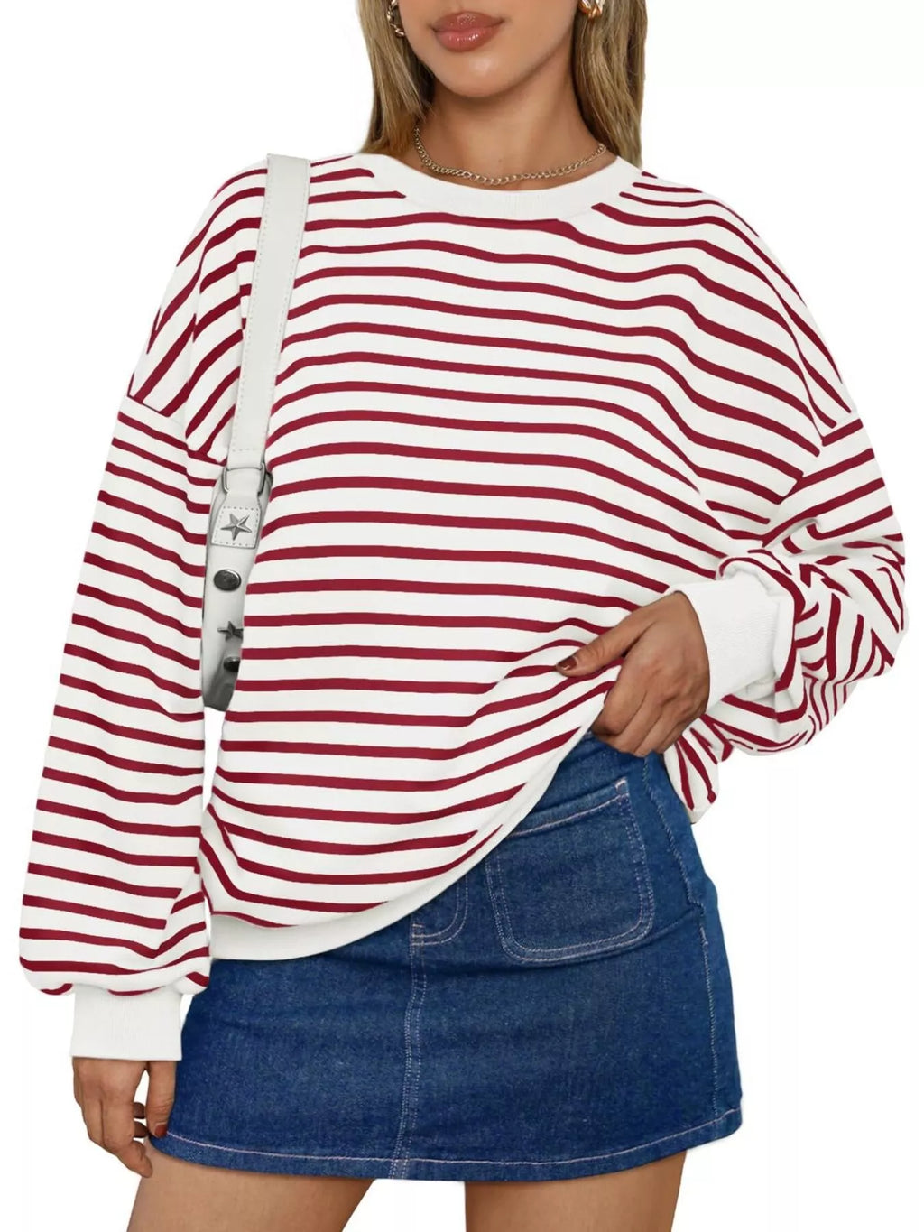 Striped Round Neck Oversized Casual Sweatshirt (15)