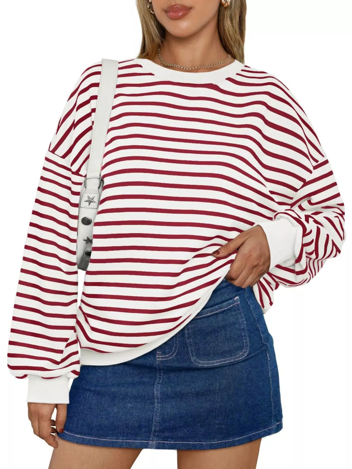 Striped Round Neck Oversized Casual Sweatshirt (15)