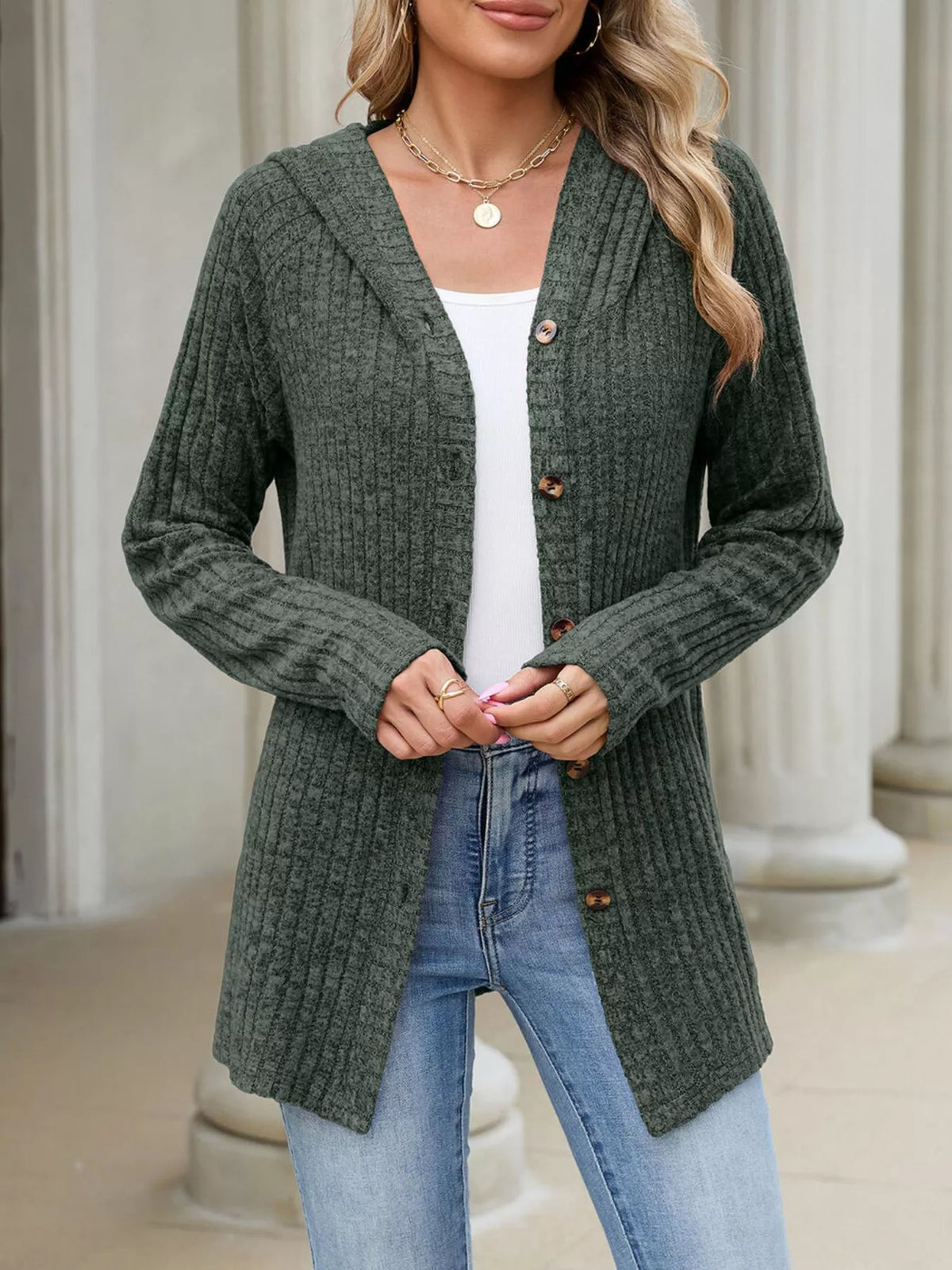 Ribbed Knit Hooded Button-down Cardigan (20)