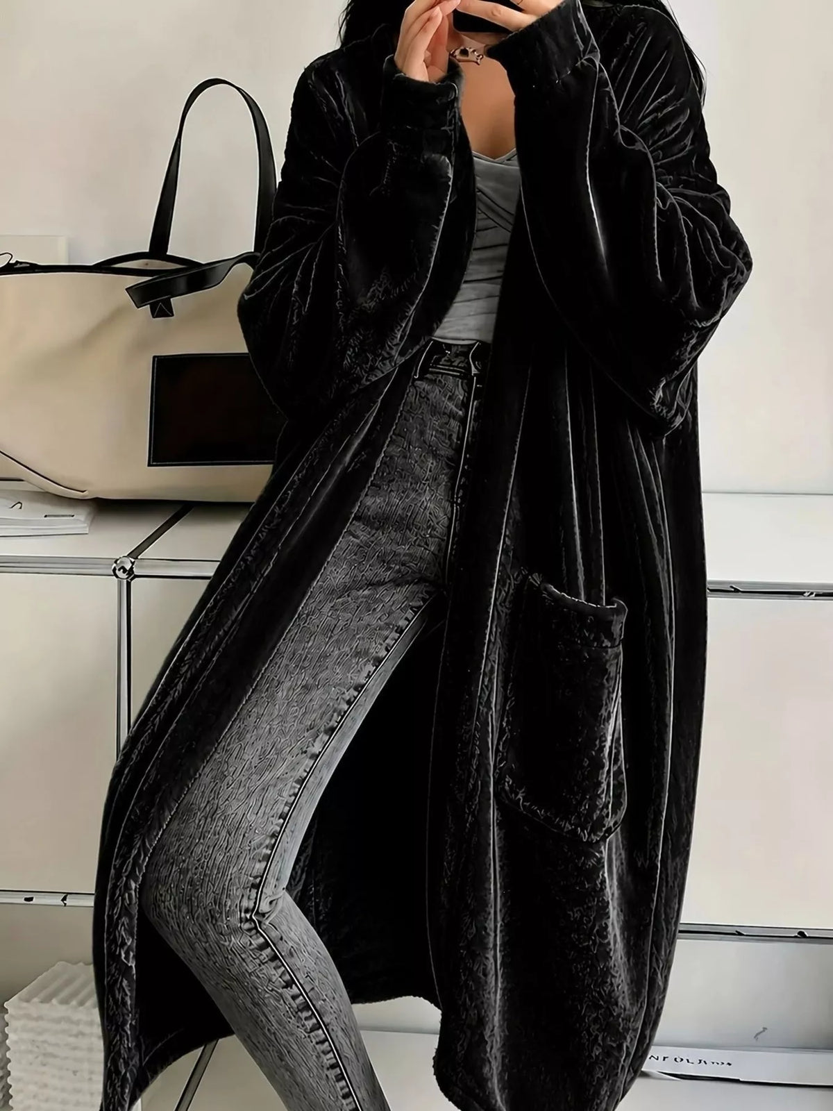 Full Size Velvet Open-front Longline Outerwear Plus (3)