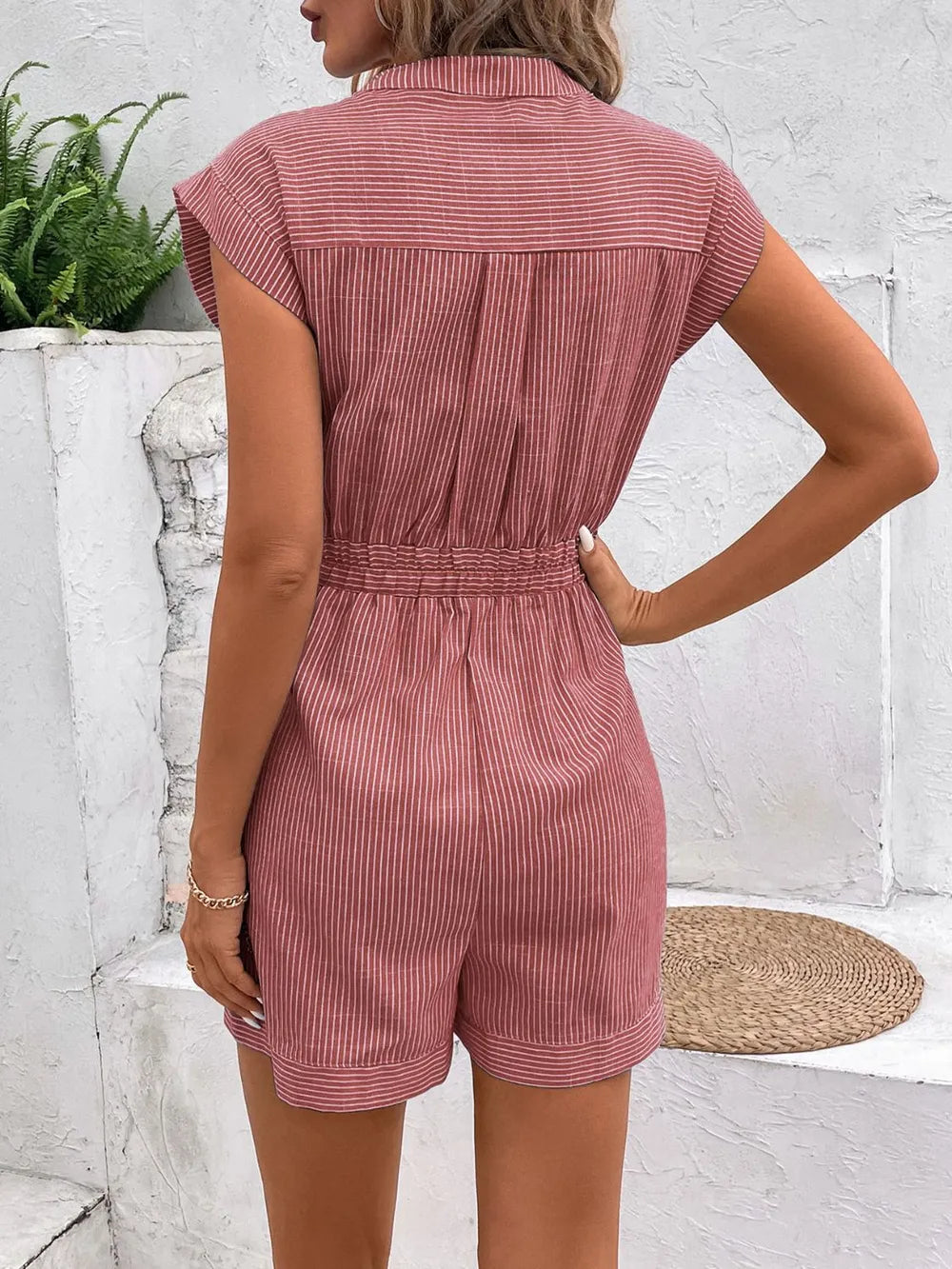 Striped Notched Tie Waist Romper (16)