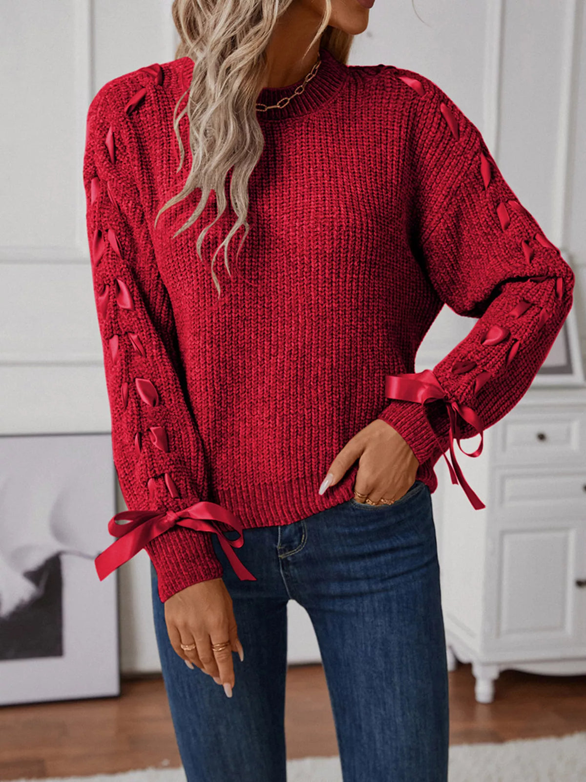 Ribbon-tie Sleeve Round Neck Sweater (10)