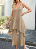 Knit V-neck Sleeveless Top Wide-leg Pants Set