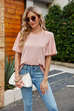 Pleated Flutter Sleeve Round Neck Blouse (6)