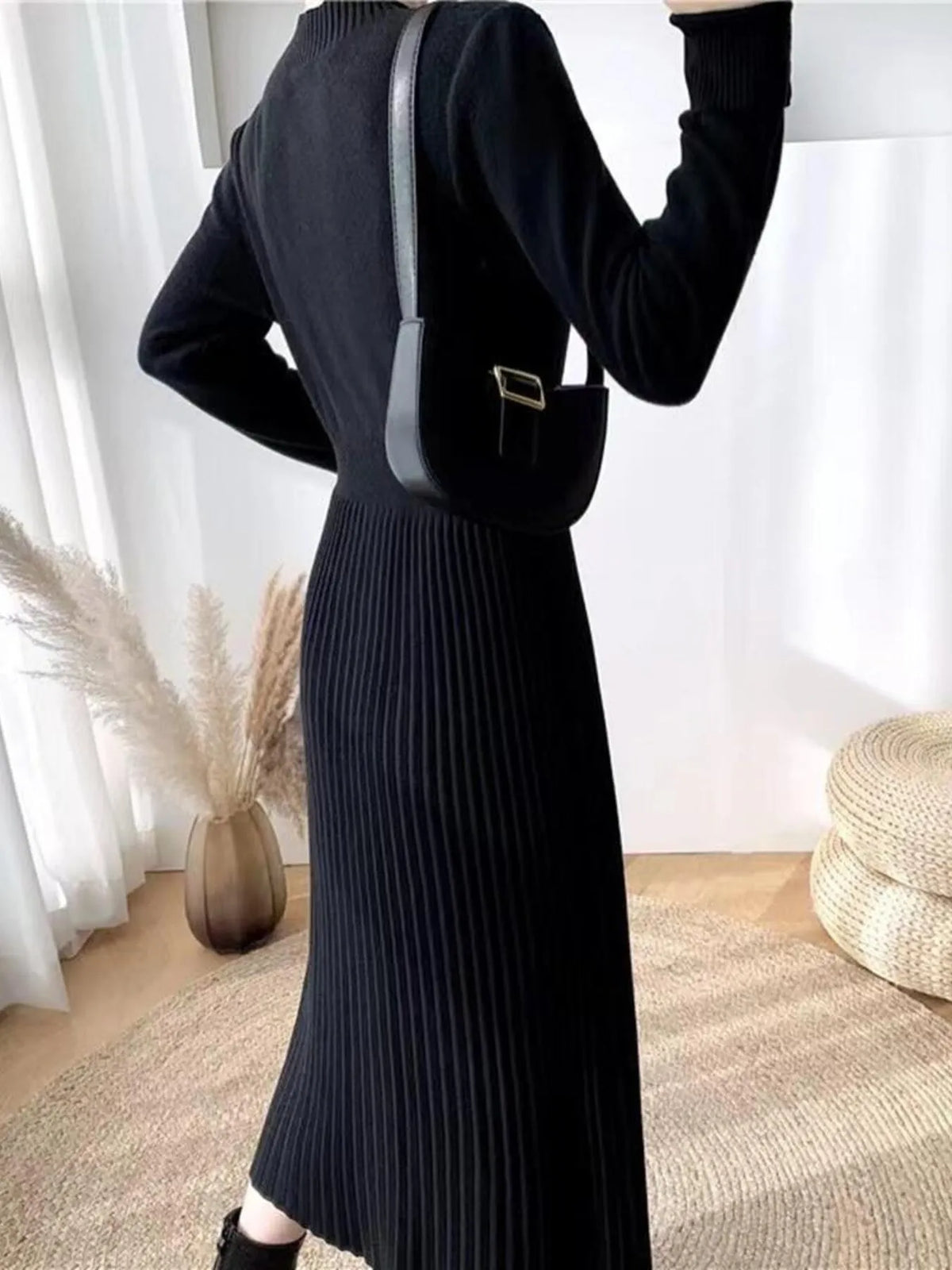 Slit Front Mock Neck Long Sleeve Knit Dress (3)