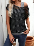 Lace Short Sleeve Fake Two Piece T-shirt (6)