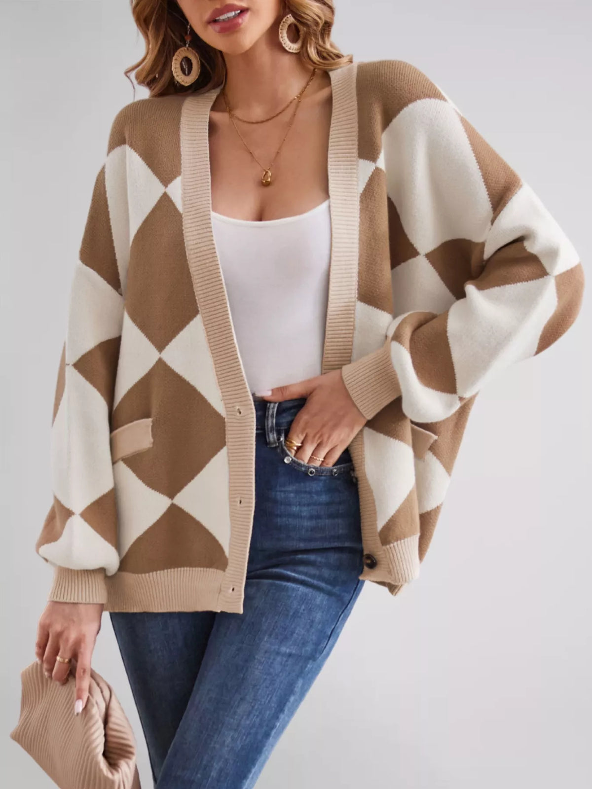 Diamond Pattern Button-up Knit Cardigan (5)