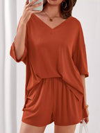 Casual Solid Color V-neck Top Shorts Set (8)