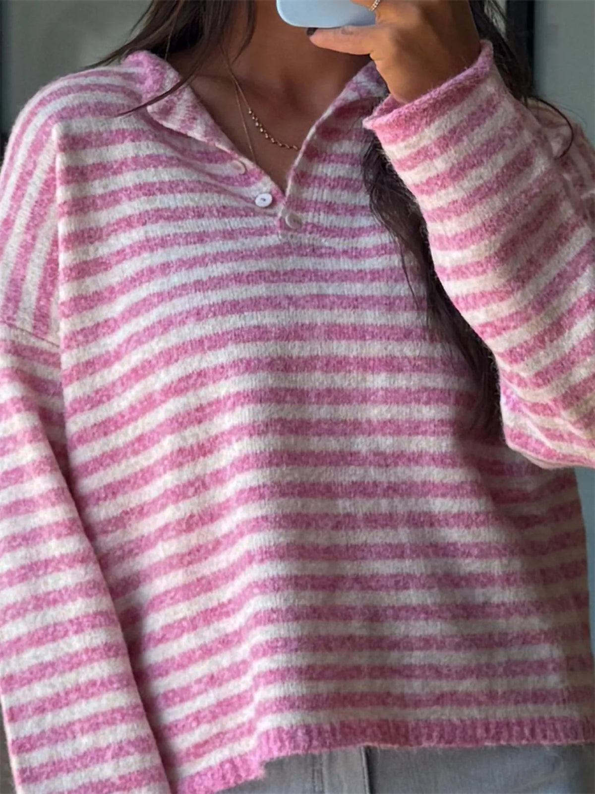 Button Detail Dropped Shoulder Striped Sweater (4)