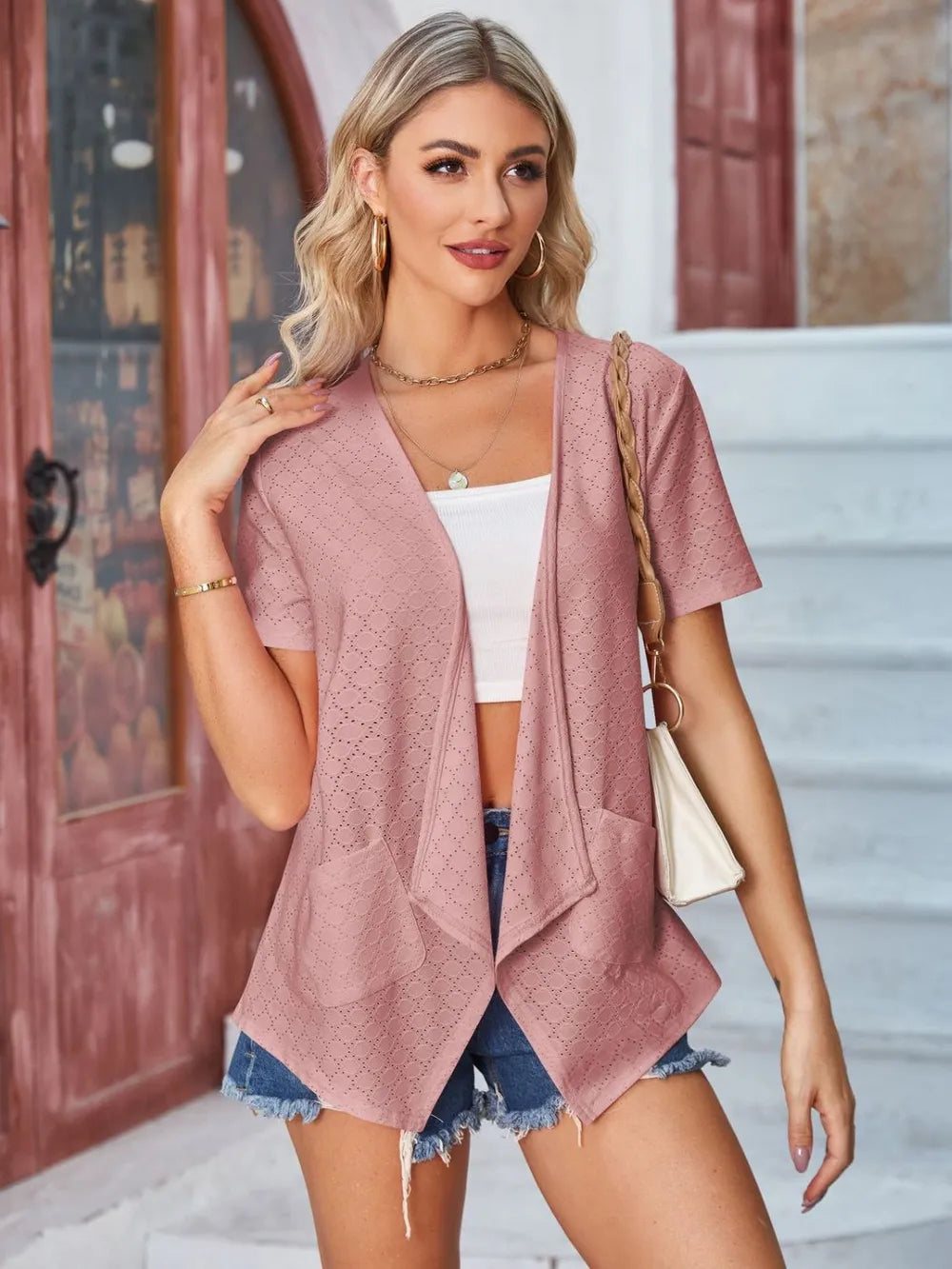 Eyelet Open Front Short Sleeve Cover Up (29)