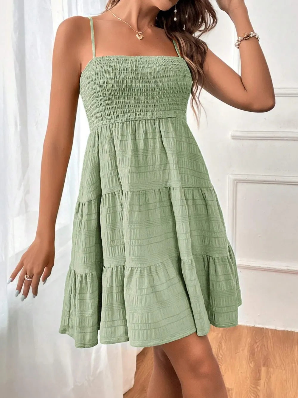 Smocked Tiered Sleeveless Mini Dress (22)