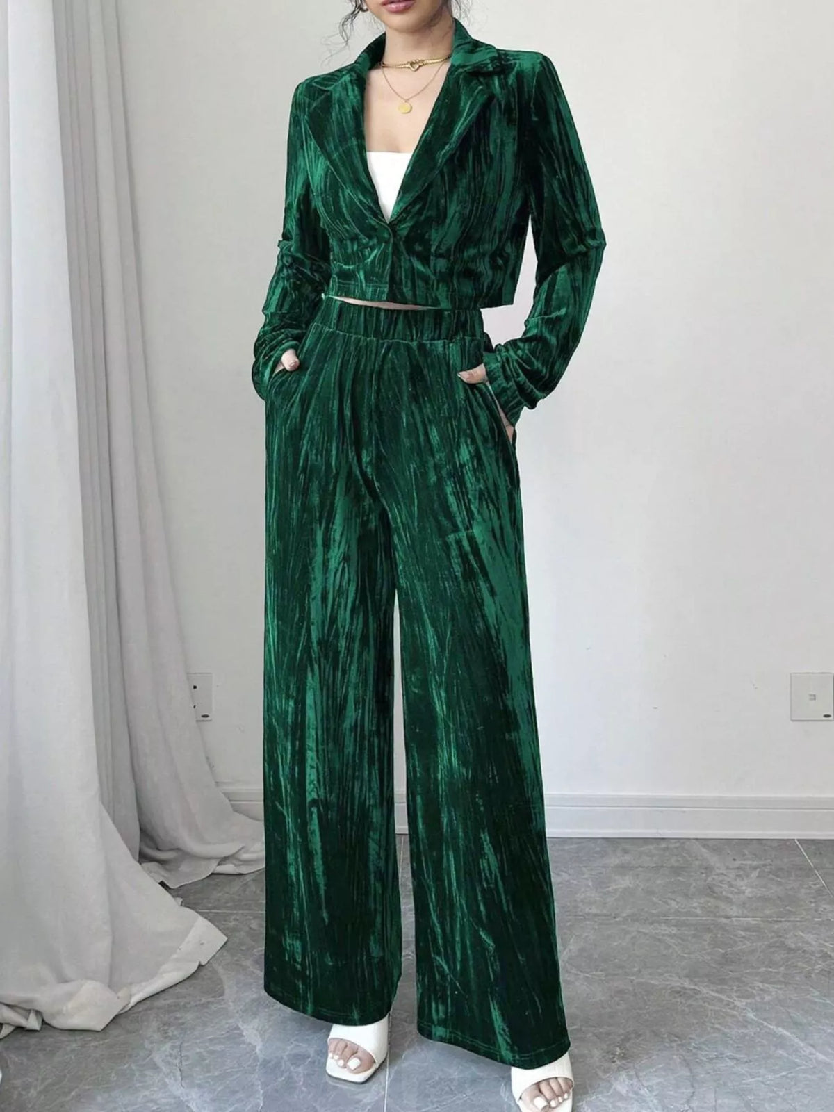 Pleated Velvet Blazer Wide Leg Pants Set (5)