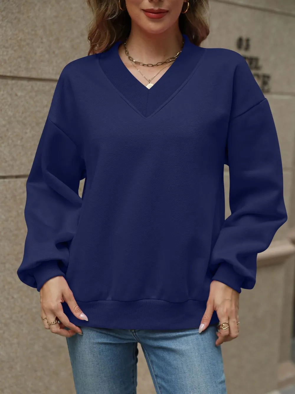 V-neck Long Sleeve Dropped Shoulder Sweatshirt (26)