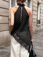 Polka Dot Lace Trim Asymmetrical Hem Sleeveless Blouse (3)