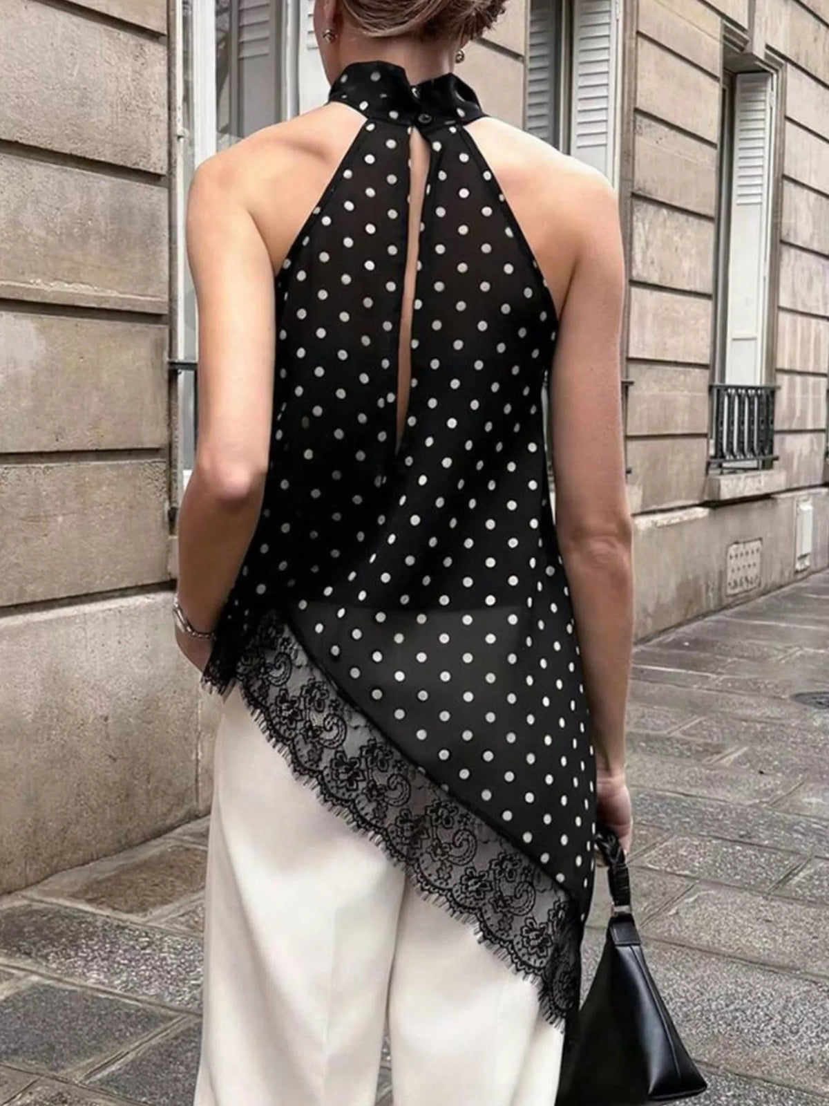 Polka Dot Lace Trim Asymmetrical Hem Sleeveless Blouse (3)