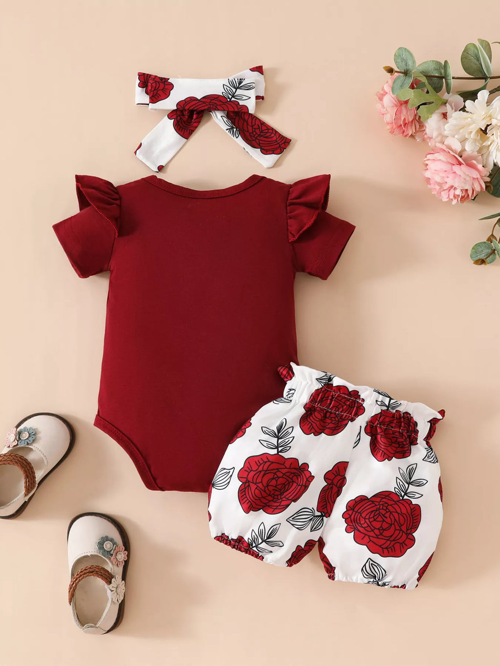 Children's Ruffled Bodysuit Floral Shorts Set Headband (7)