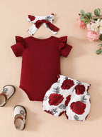 Children's Ruffled Bodysuit Floral Shorts Set Headband (7)