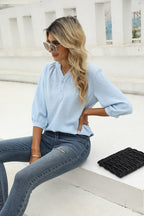Swiss Dot Notched Neck Three-quarter Sleeve Blouse (8)