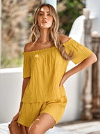Full Size Off-shoulder Short Sleeve Top Tied Shorts Set (3)