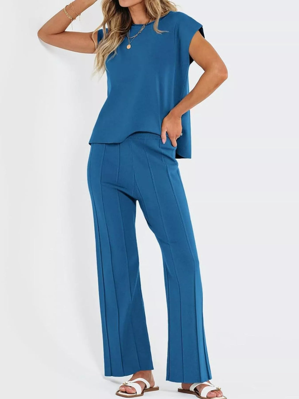 Casual Solid Color Cap Sleeve Top Pants Knit Set