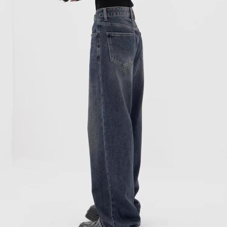 Retro Dark Blue Wide Leg Jeans Baggy Straight Trousers photo 4