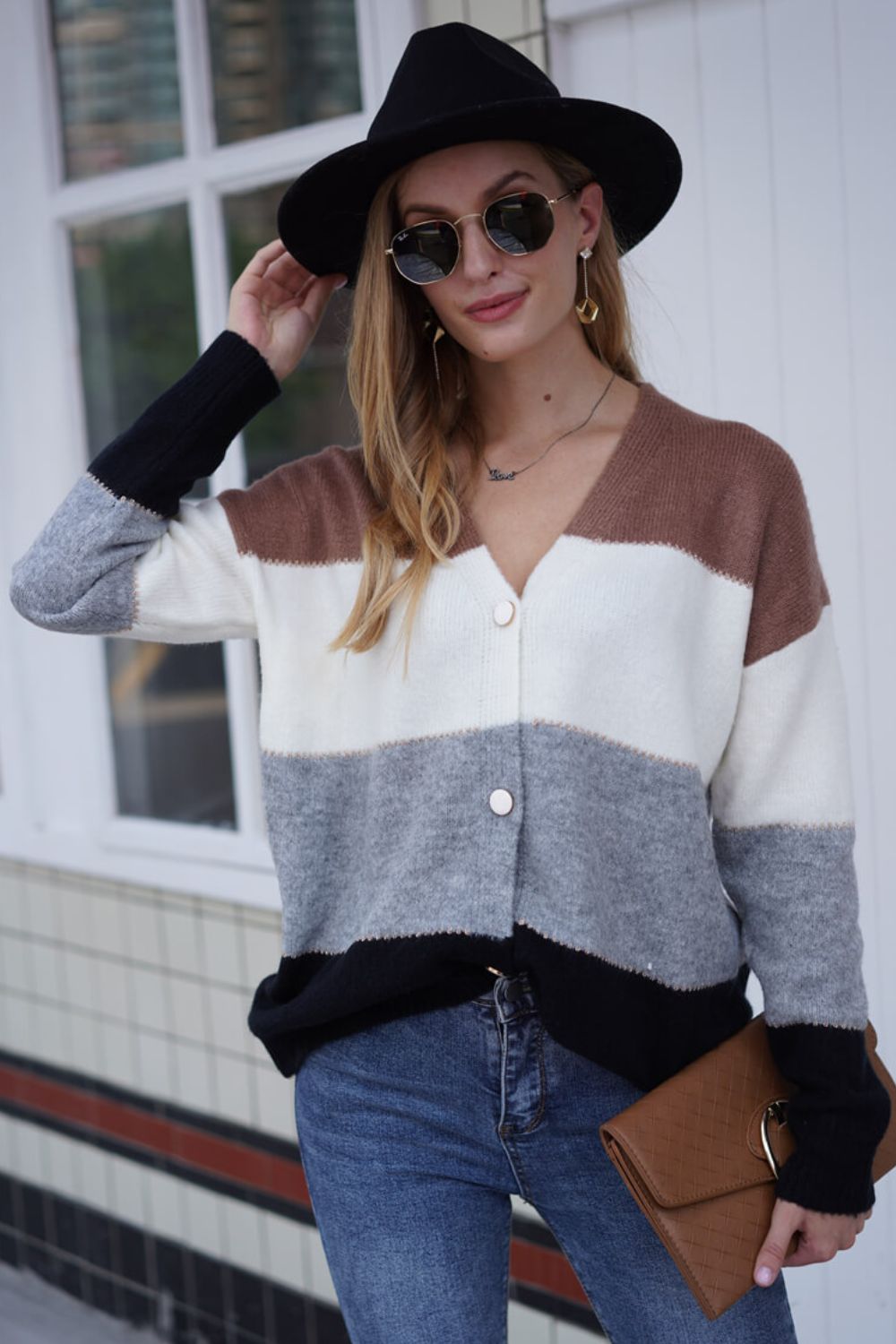 Block V-neck Button Down Cardigan (7)