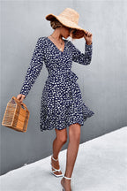 Printed V-neck Tie Belt Ruffle Hem Mini Dress (8)