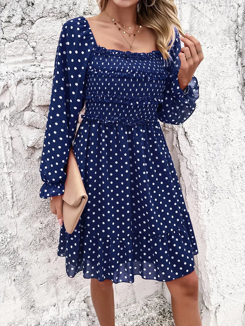 Smocked Polka Dot Long Sleeve Dress (2)