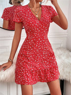 Printed Ruffled Hem V-neck Short Sleeve Mini Dress (2)