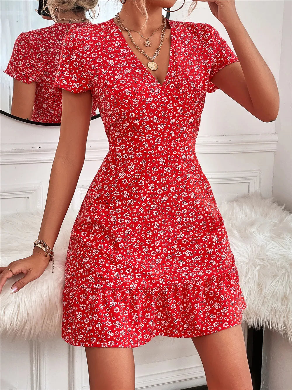 Printed Ruffled Hem V-neck Short Sleeve Mini Dress (2)
