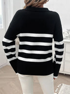 Striped Collared Neck Long Sleeve Sweater (2)