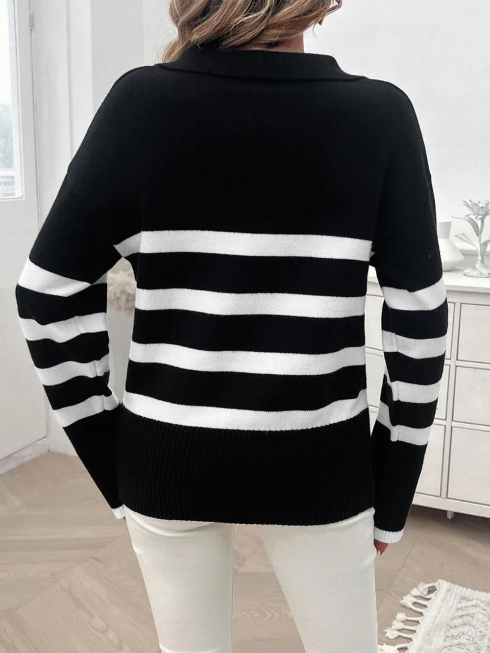 Striped Collared Neck Long Sleeve Sweater (2)